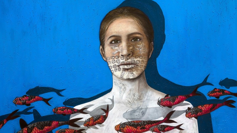 Judithe Hernández, El Mar de Las Desconocidas, 2017, Mixed media acrylic paint on canvas, unspecified: 40 × 60 in. (101.6 × 152.4 cm), Courtesy of the artist, © Judithe Hernández