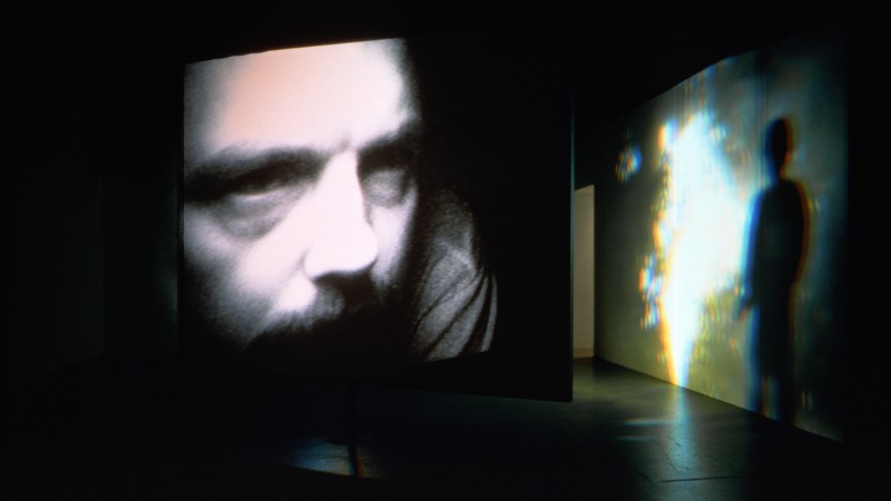 Bill Viola, Slowly Turning Narrative, 1992, two-channel video and sound installation with double-sided rotating screen, looped, Los Angeles County Museum of Art, purchased with funds provided by the Modern and Contemporary Art Council, © Bill Viola Studio, photo: Gary McKinnis, courtesy of the artist