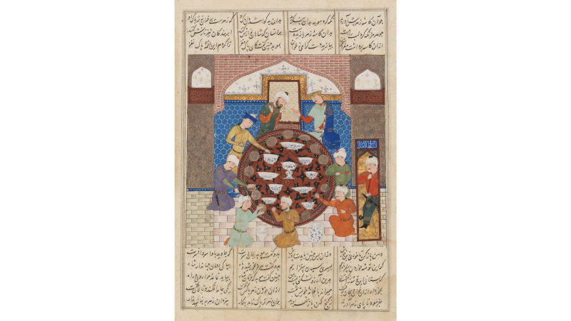 Hormuz Forces His High Priest to Eat Poisoned Food, Page from a Manuscript of the Shahnama (Book of Kings) of Firdawsi, Iran, Shiraz, c. 1485-1495, Los Angeles County Museum of Art, The Nasli M. Heeramaneck Collection, gift of Joan Palevsky, photo © Museum Associates/LACMA
