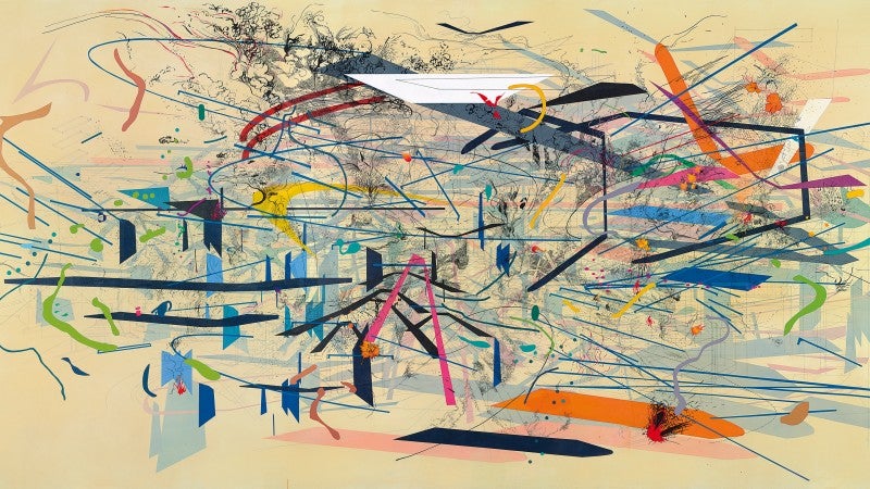 Julie Mehretu, Retopistics: A Renegade Excavation, 2001, ink and acrylic on canvas, 102 × 216 in., Crystal Bridges Museum of American Art, Bentonville, AR; 2013.28, © Julie Mehretu, photo by Erma Estwick