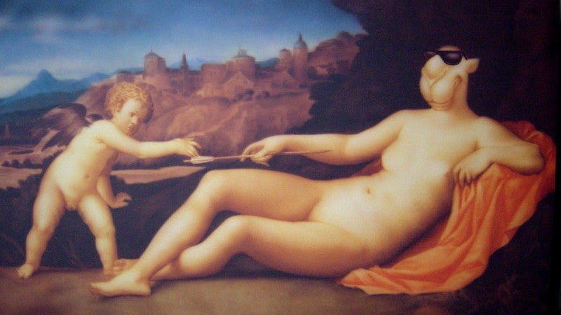 Zhou Tiehai, Venus and Cupid, 2006, Oil on canvas, 59 1/16 × 98 7/16 in. (150 × 250 cm), YUZ Foundation Limited, © Zhou Tiehai, photo courtesy of the artist