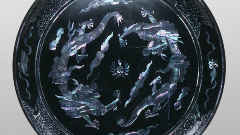 Circular Tray with Two Dragons Chasing a Flaming Pearl