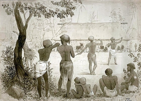 Tiqa match / Natives in javelin throwing competition, 1876