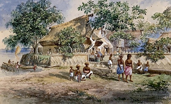 Palace Yard, Bau, Fiji, Houses of Cakobau, (Vunivalu, Tui Viti) and of Adi Litia and Ratu Timoci, May 1877